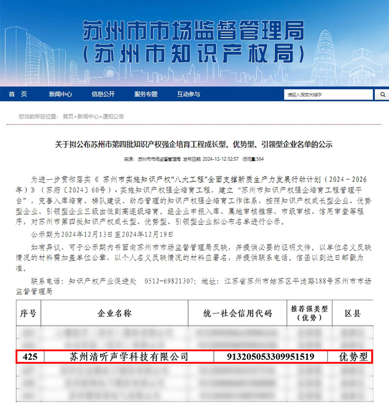 清听声学凭借卓越的知识产权管理与创新能力，成功入选“优势型企业”。